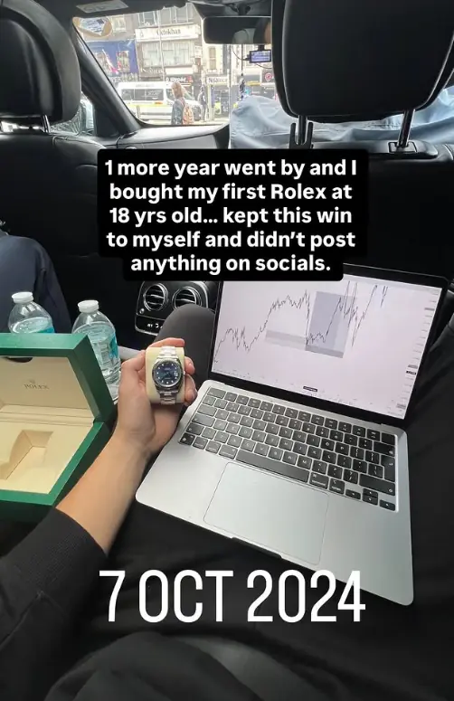 Leon holding his first Rolex next to a laptop showing a chart, 7 October 2024